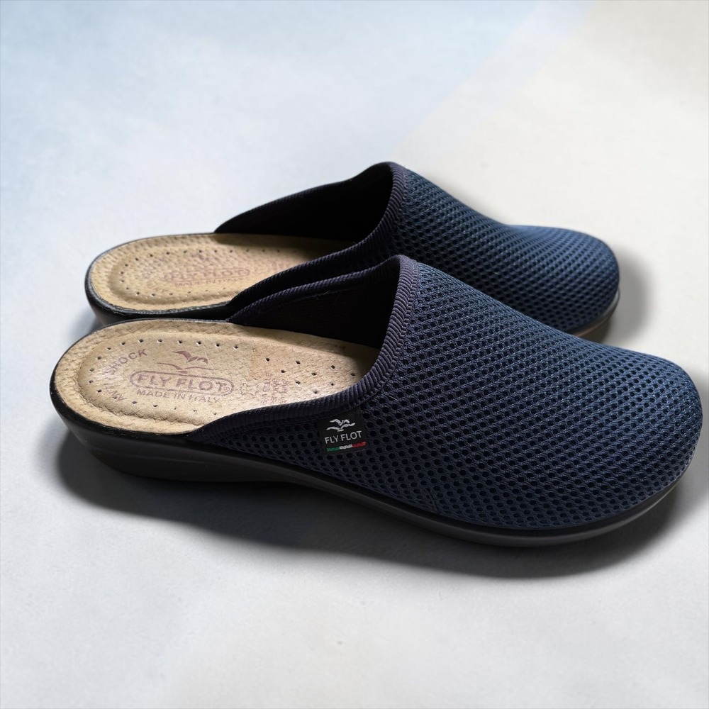 Fly Flot Navy Blue Mesh Anatomic Clogs Made in Italy Leather Insole Size 40